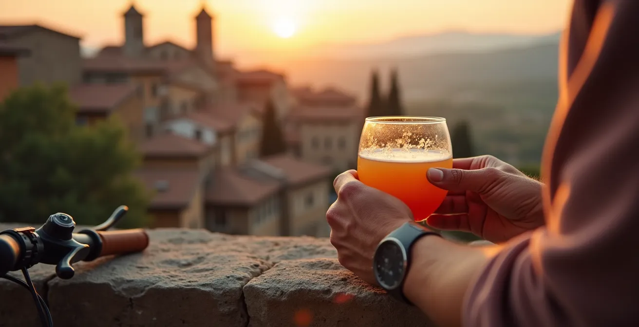 Ciclista con borraccia su terrazza panoramica al tramonto con borgo medievale sullo sfondo