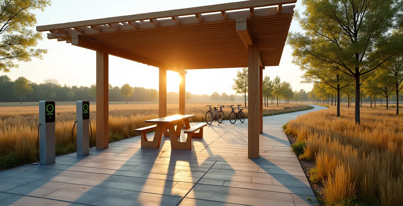 Area di sosta attrezzata per ciclisti con punto ricarica e-bike nel Nord Italia