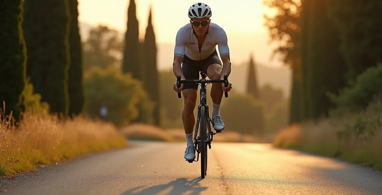 Ciclista in fuorisella mentre supera un dosso artificiale su strada secondaria italiana