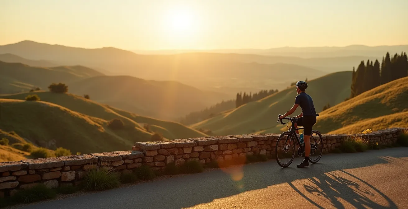 Ciclista ammira il panorama delle colline toscane durante una pausa