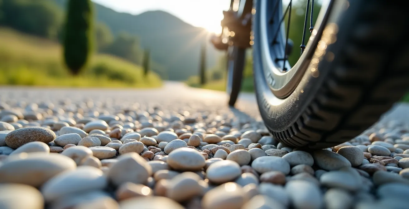 Dettaglio macro di ruota di bicicletta su ghiaia bianca con cipresso sfocato