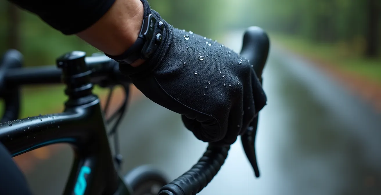 Dettaglio ravvicinato della mano del ciclista che modula delicatamente la leva del freno anteriore