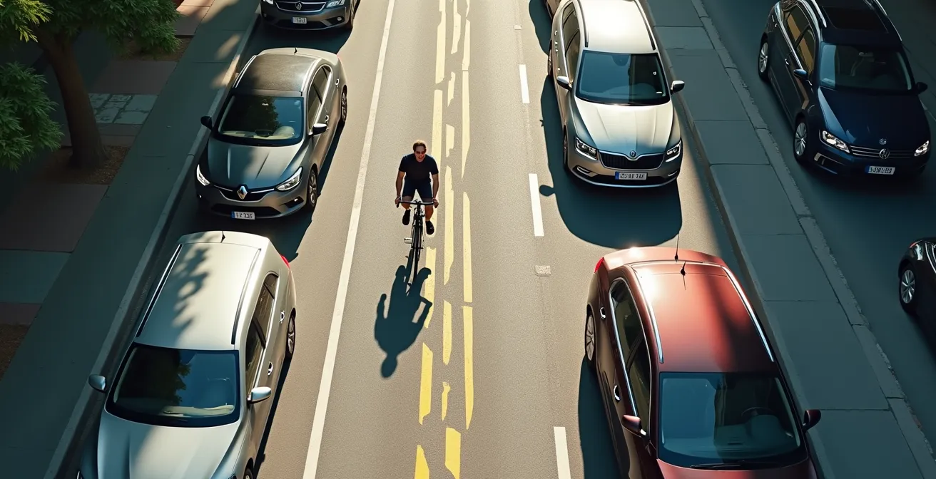 Ciclista che mantiene distanza di sicurezza di 1,5 metri dalle auto parcheggiate per evitare l'apertura delle portiere