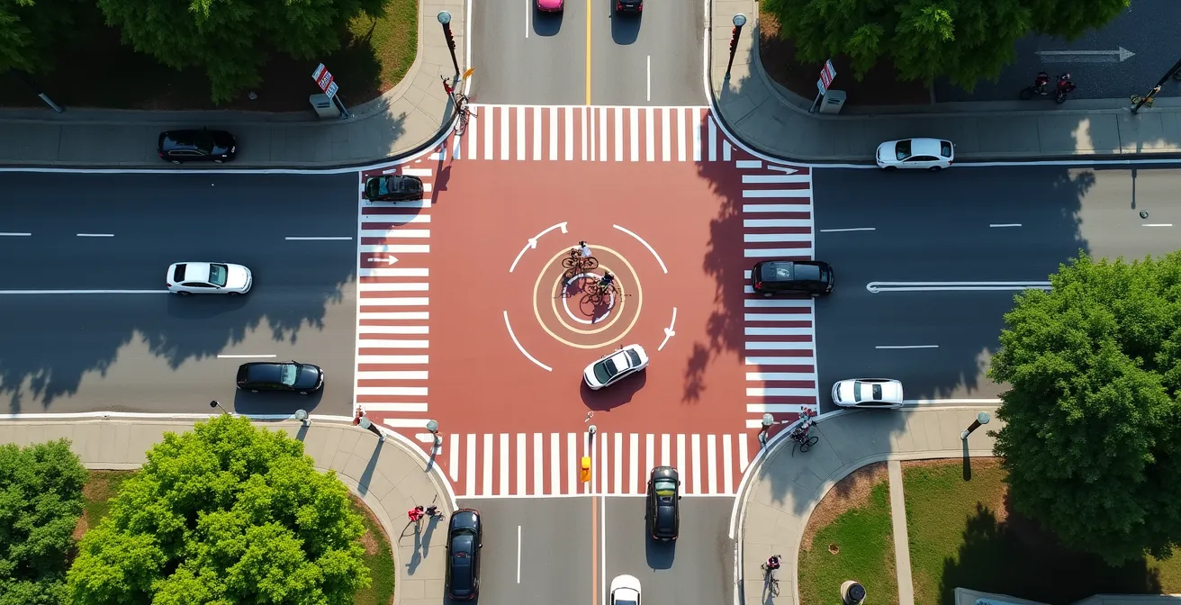 Vista aerea di un incrocio protetto con pista ciclabile separata in città italiana
