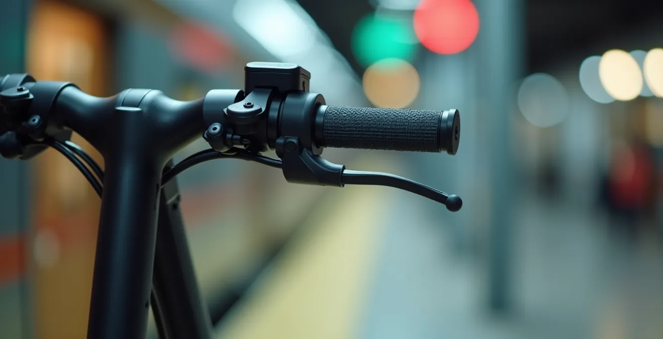 Pendolare con monopattino pieghevole vicino a un treno regionale, atmosfera mattutina con luce morbida