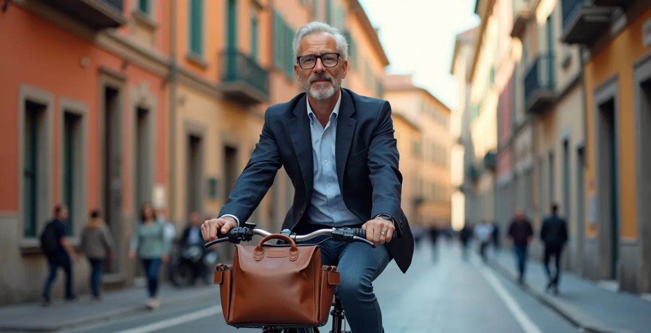 Pendolare italiano con e-bike attraversa tranquillamente il centro storico