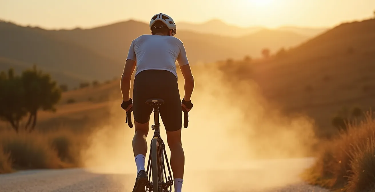 Ciclista con braccia rilassate su sterrato toscano in discesa