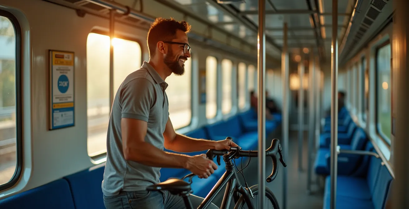 Interno vagone treno regionale con spazio bici vuoto durante ore non di punta