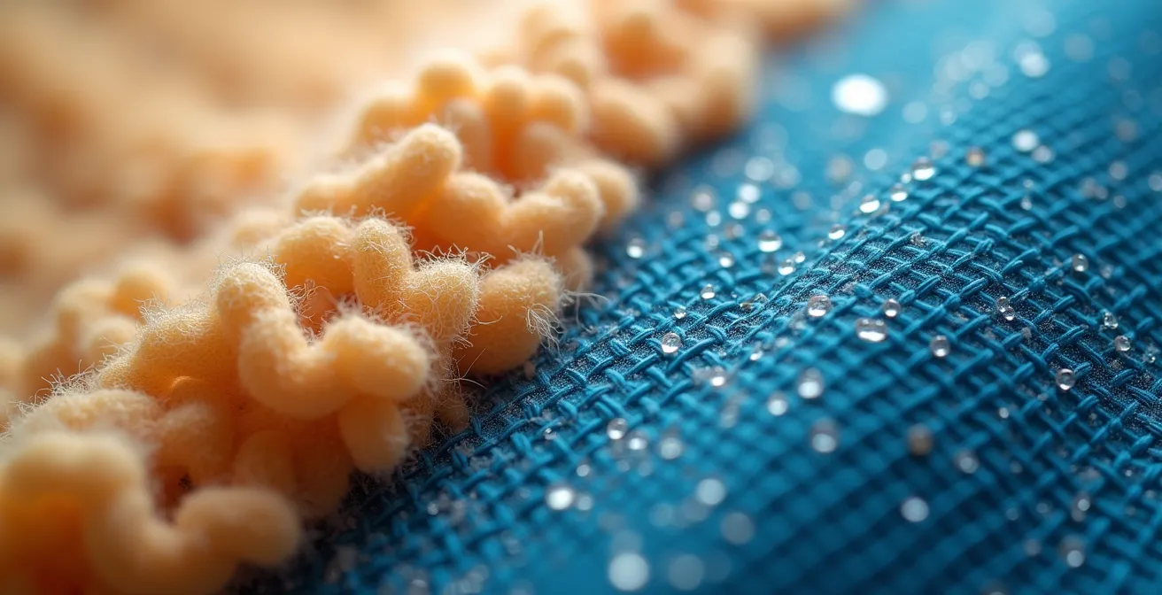 Confronto macro tra fibre di lana merino e tessuto sintetico riciclato per abbigliamento ciclistico