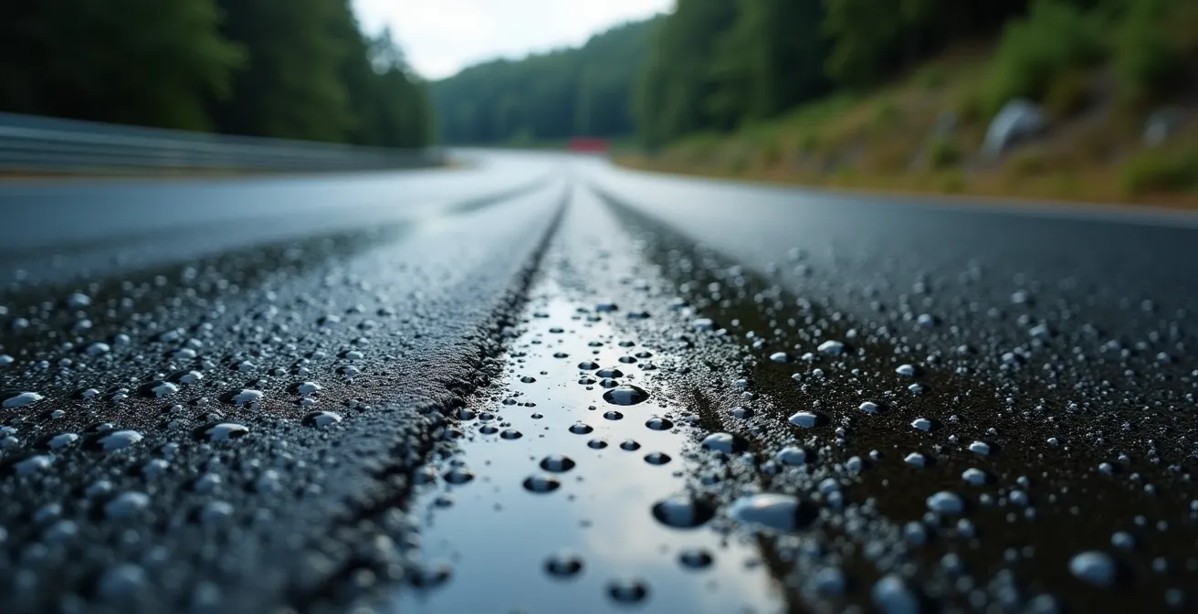 Vista aerea di una strada di montagna con curva cieca e traiettoria ideale evidenziata