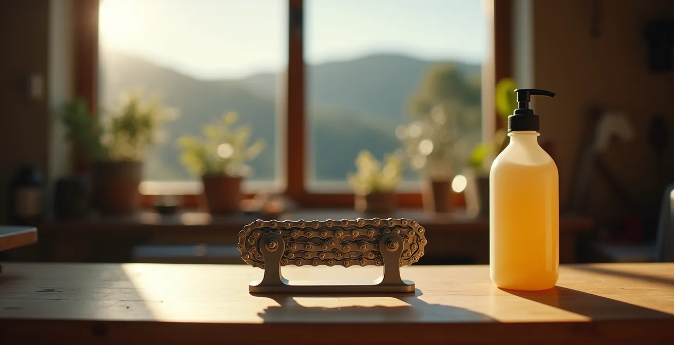 Applicazione di cera liquida su catena di bicicletta pulita in ambiente minimalista