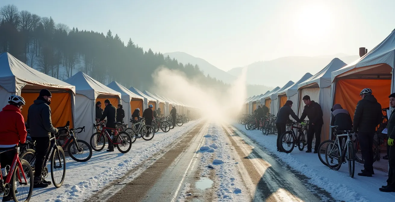Area tecnica di una gara di ciclocross con meccanici al lavoro