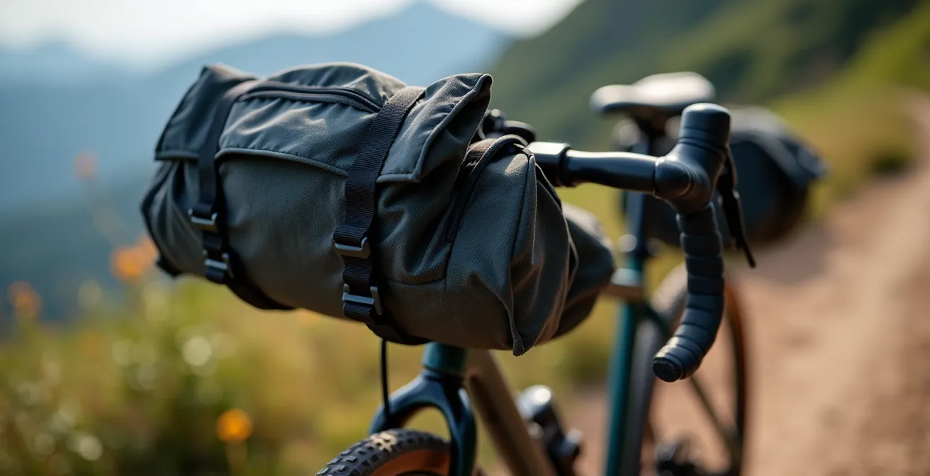 Bicicletta con borse da bikepacking su sentiero di montagna italiano