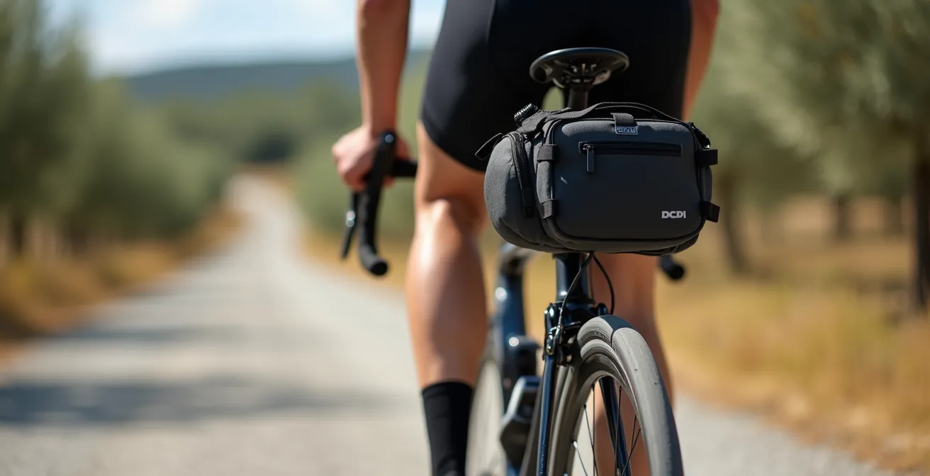 Vista laterale di una borsa da telaio slim montata su bici gravel con spazio per le gambe