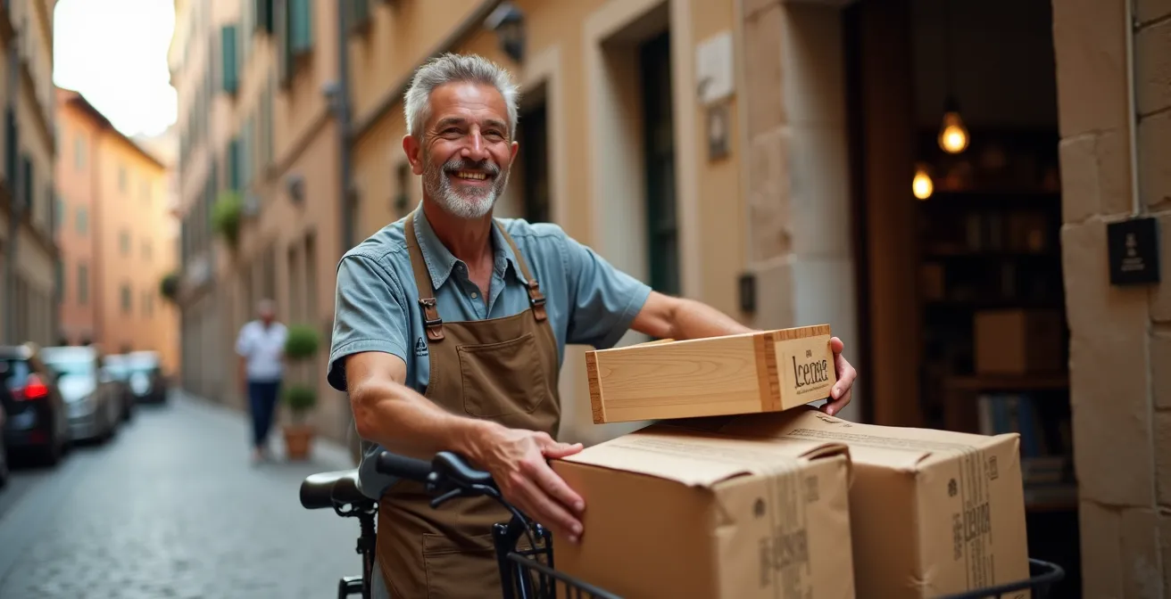 Artigiano con cargo bike elettrica che trasporta merci in una piazza storica italiana