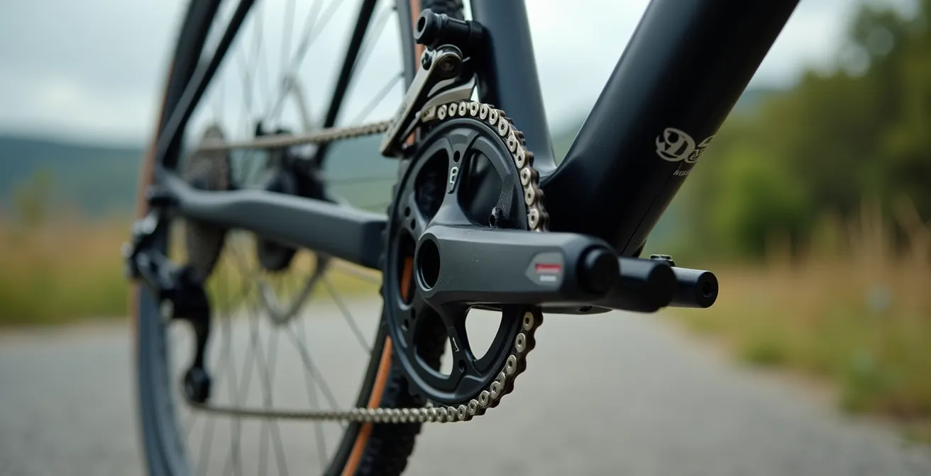 Vista laterale del sistema di trasmissione con monocorona grande e linea catena