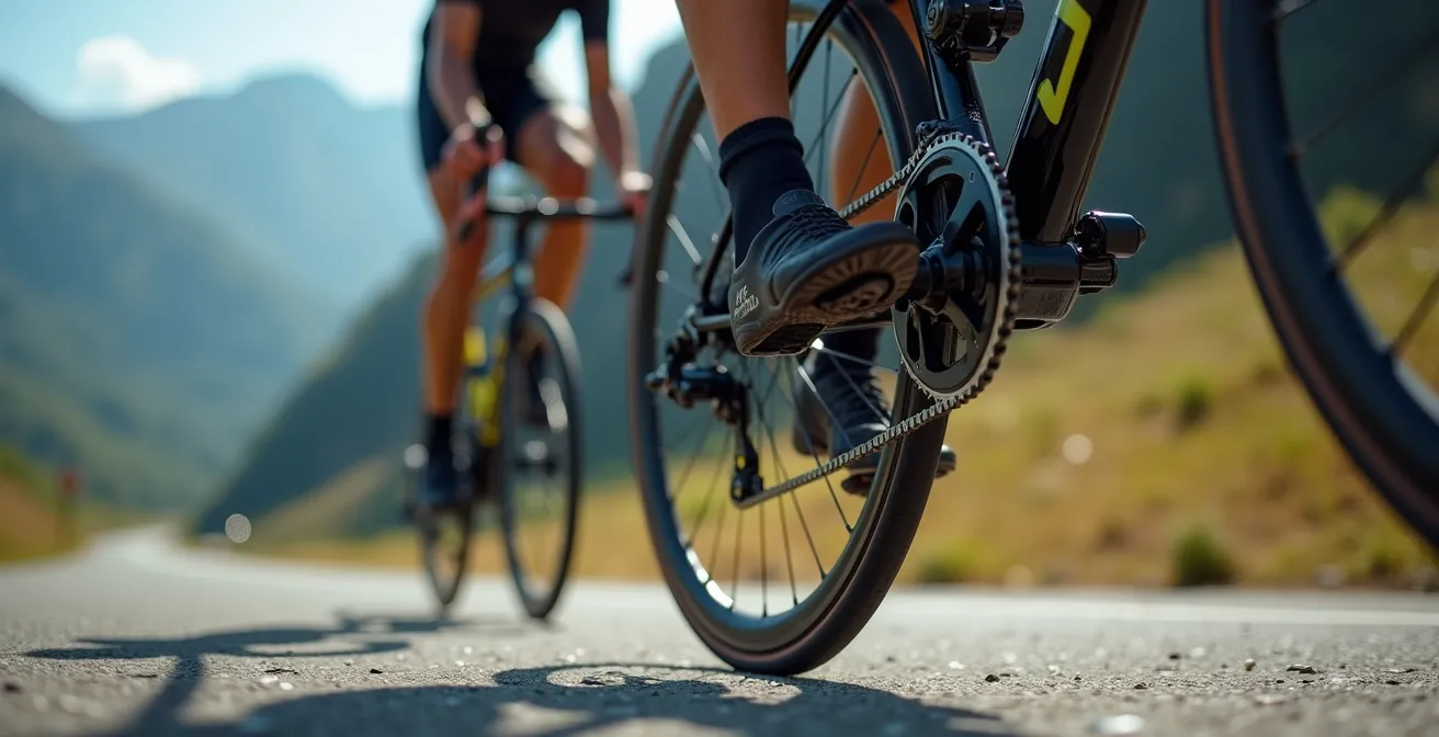 Ciclista in salita sulle Dolomiti durante preparazione estiva granfondo