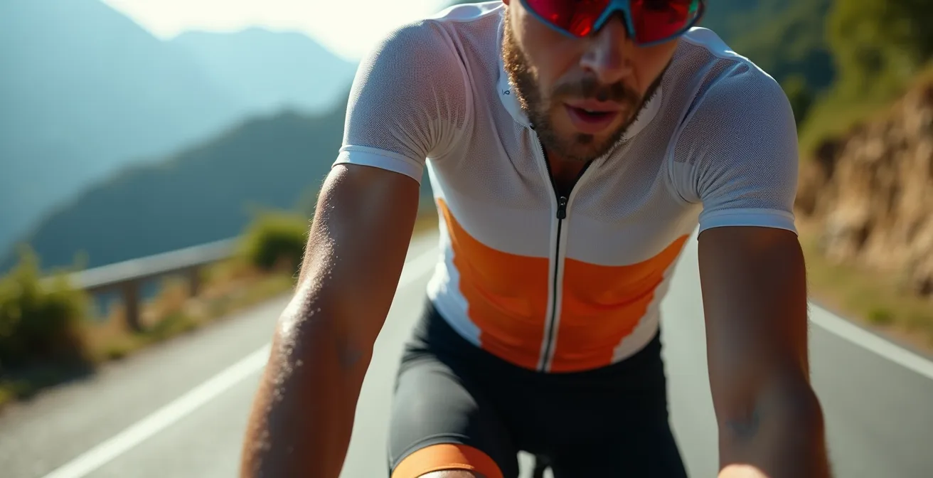 Ciclista in salita sotto il sole estivo italiano con maglia aperta che mostra intimo a rete