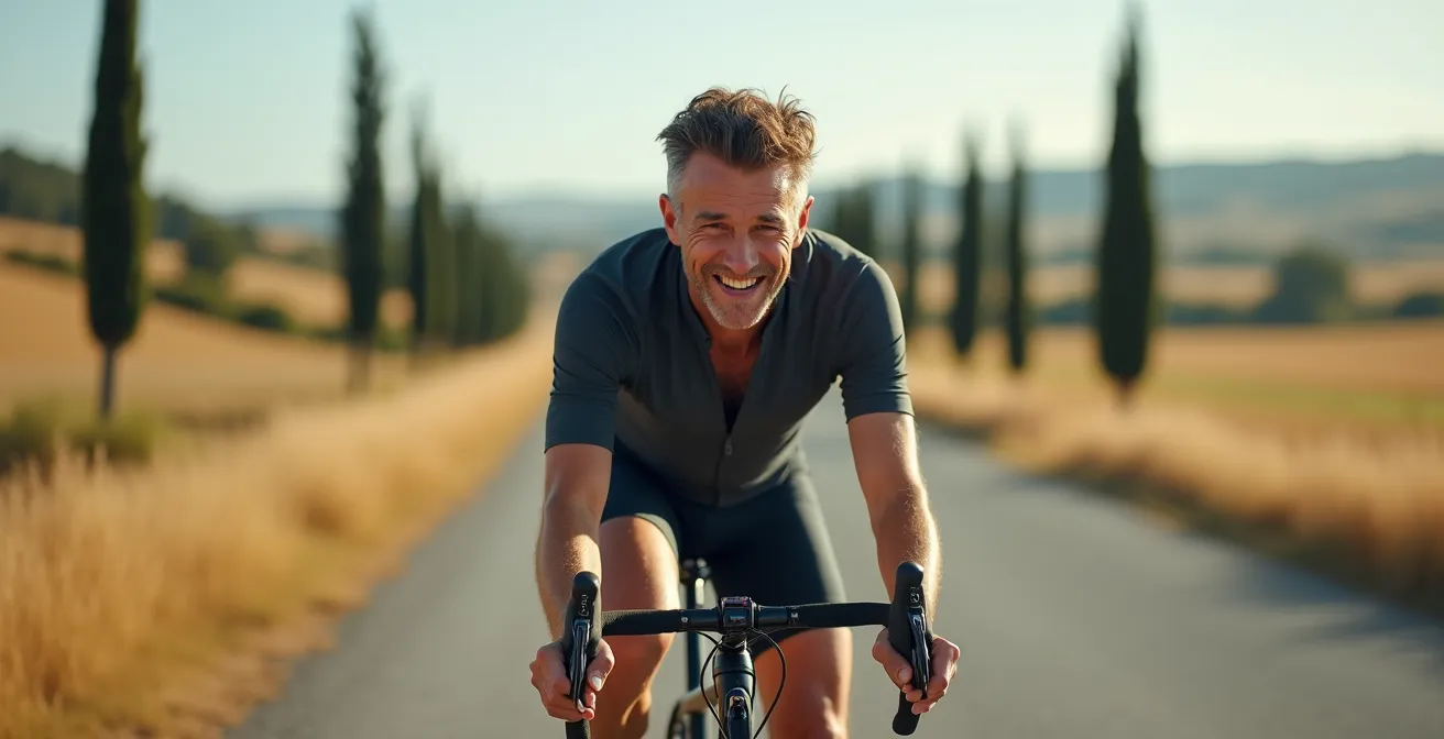 Ciclista in pedalata leggera di recupero su strada pianeggiante della campagna italiana