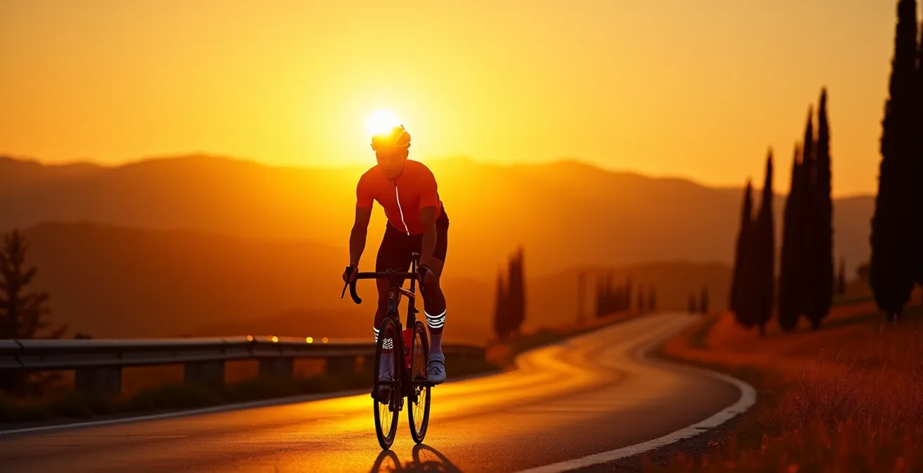 Ciclista al tramonto con dettagli riflettenti su caviglie e ginocchia che creano un pattern di movimento riconoscibile.