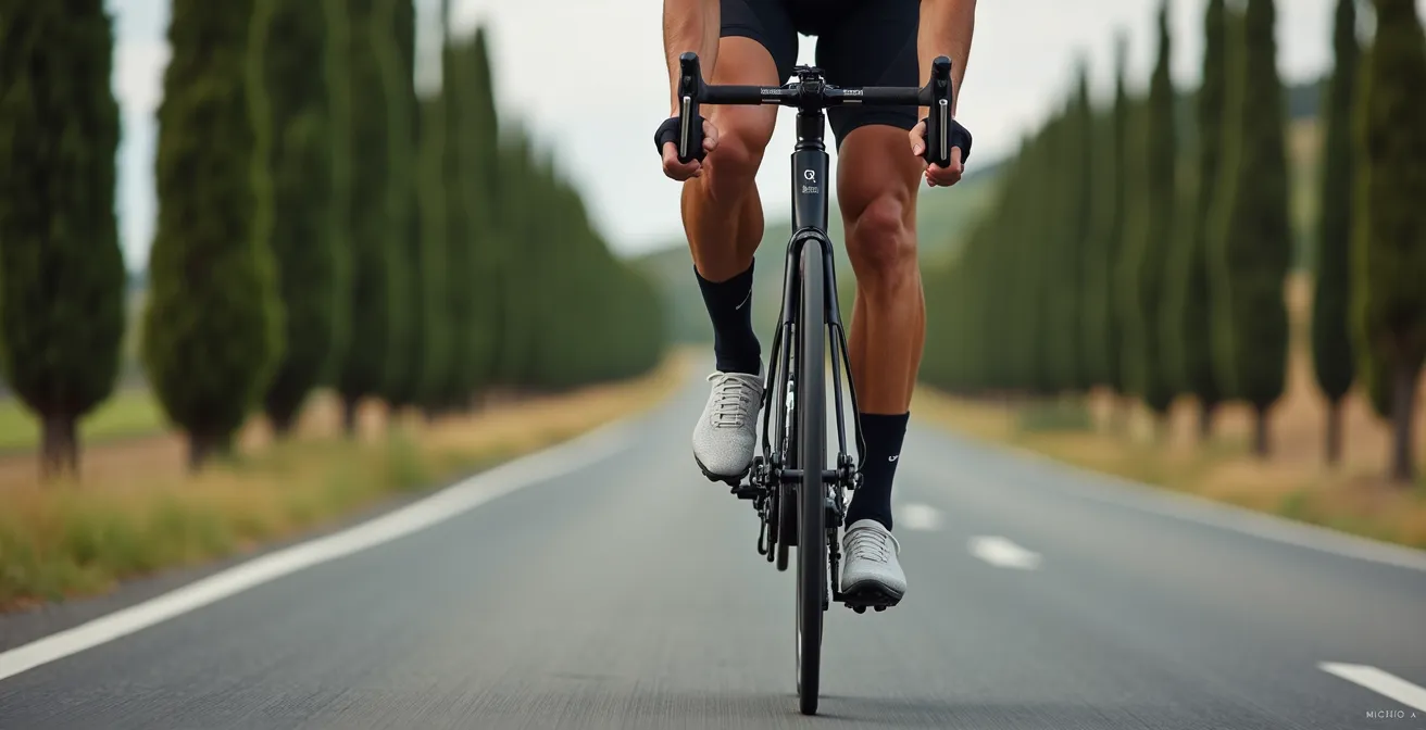 Gamba di ciclista professionista in azione durante pedalata