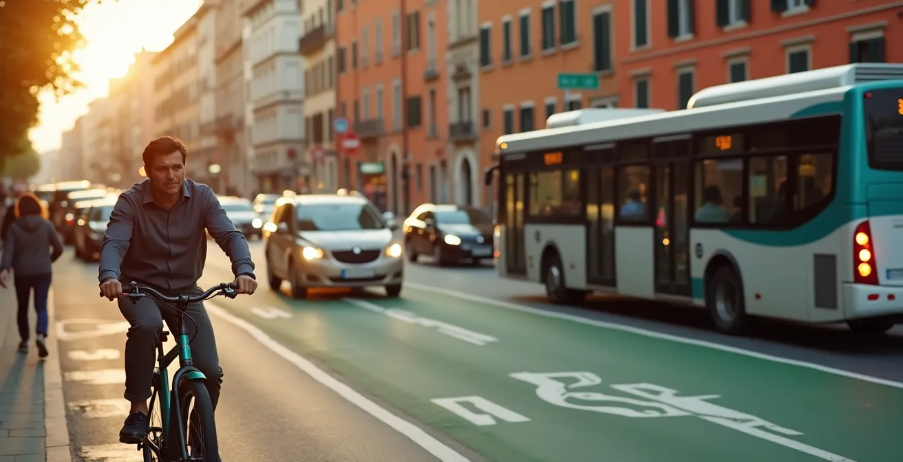 Vista stradale con autobus diesel nel traffico e ciclista su e-bike nella pista ciclabile parallela