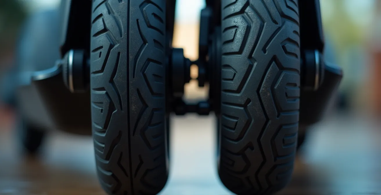 Dettaglio ravvicinato di due ruote di monopattino, una con pneumatico ad aria e una piena