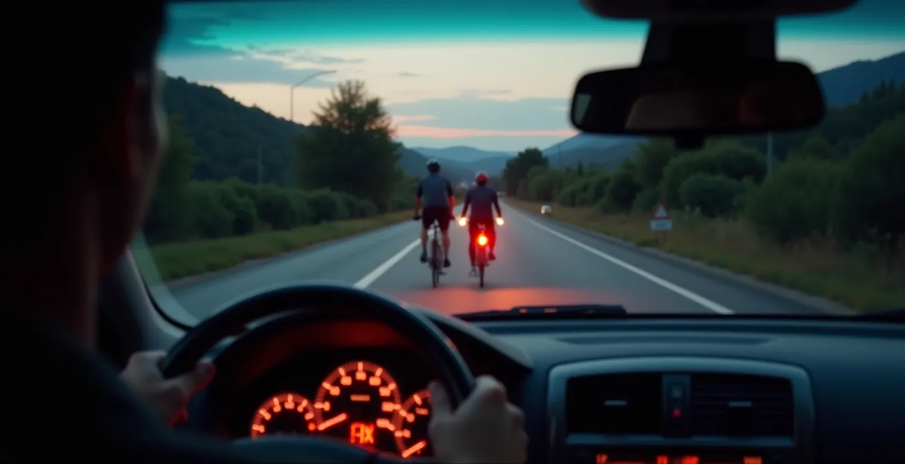 Vista dal parabrezza di un'auto che mostra due ciclisti, uno con luce fissa e uno con lampeggiante, dove quest'ultimo è più visibile.