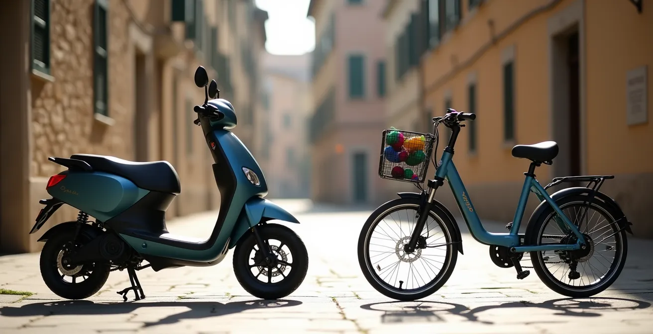Monopattino elettrico e e-bike affiancati in una piazza italiana con architettura storica