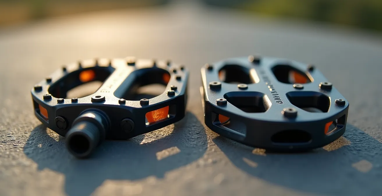 Dettaglio macro dei pedali flat e SPD su mountain bike che evidenzia le differenze di grip e meccanismo.