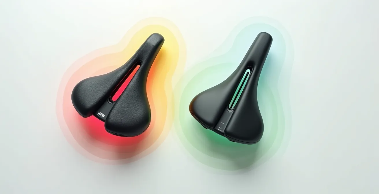 Confronto visivo tra sella con buco e sella piena mostrando la distribuzione del peso