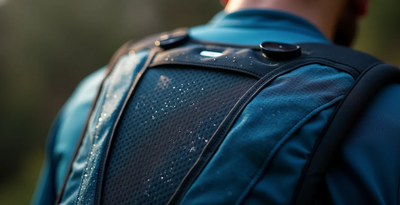 Dettaglio macro di sistema di ventilazione dorsale di uno zaino da ciclismo