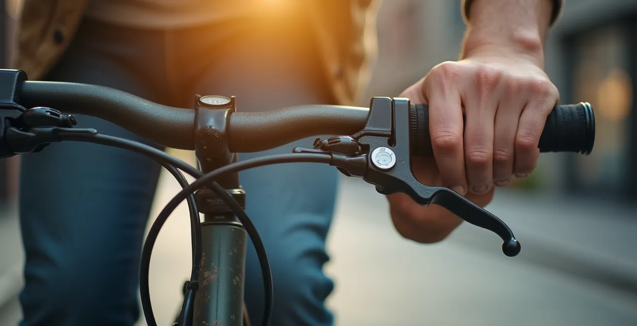 Dettaglio ravvicinato delle mani che controllano freni e gomme di una bicicletta in sharing