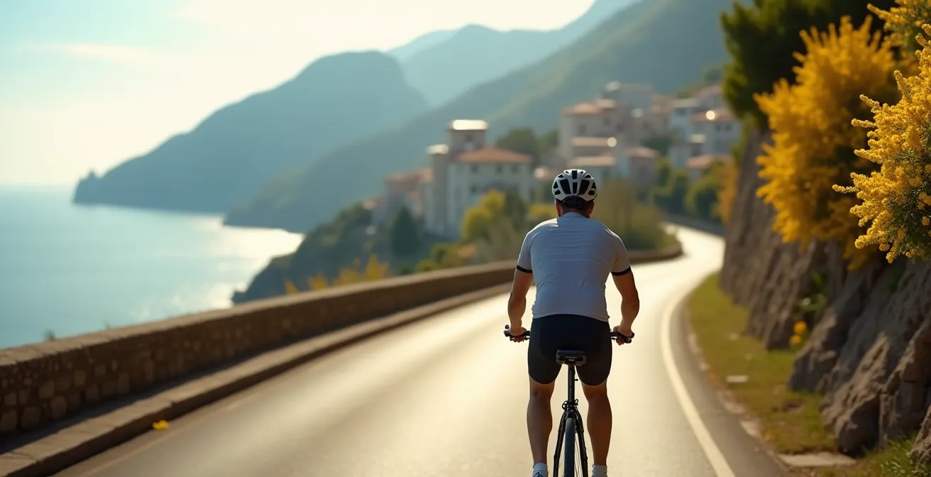 Ciclista sulla strada costiera ligure con mare azzurro e mimose in fiore