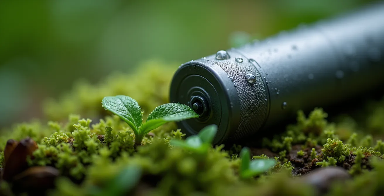 Ripresa macro di una batteria di e-bike con elementi naturali che simboleggiano la sostenibilità