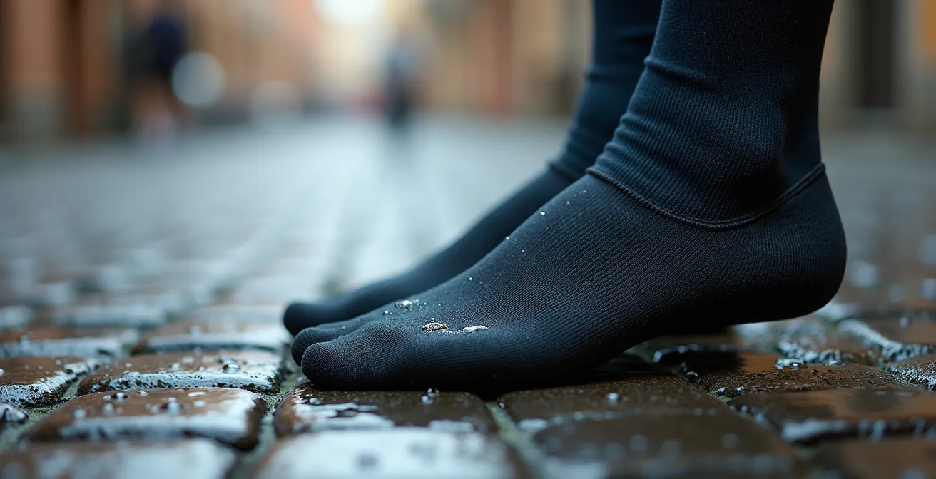 Primo piano di piede con stratificazione calza merino e copriscarpa in neoprene