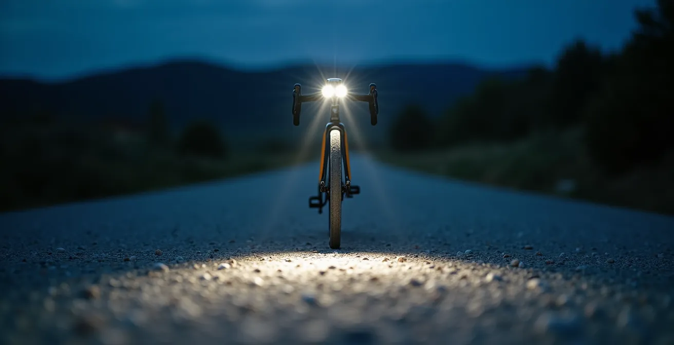 Setup di doppio faro su bici: luce spot sul casco e flood sul manubrio