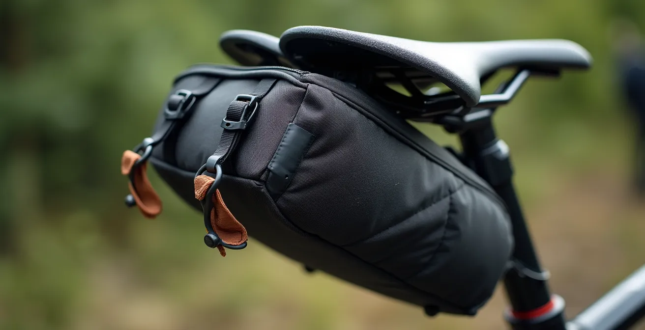 Dettaglio macro della borsa sottosella con sistema di fissaggio al canotto