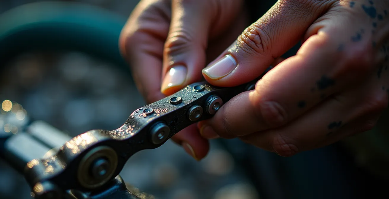 Dettaglio macro di mani che installano una falsamaglia su catena di bicicletta con luce frontale