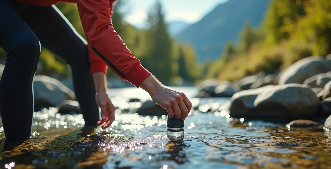 Escursionista che filtra acqua da un torrente di montagna alpino