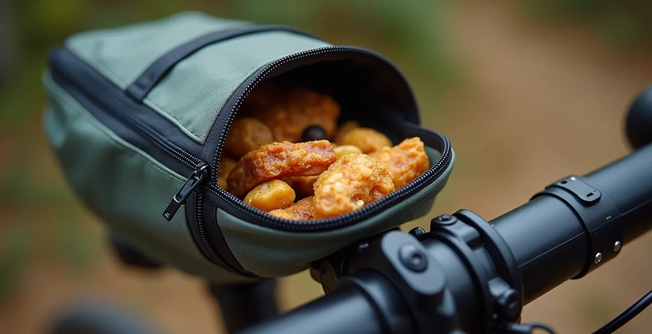 Dettaglio ravvicinato di una borsa porta-cibo montata sul tubo orizzontale con snack italiani