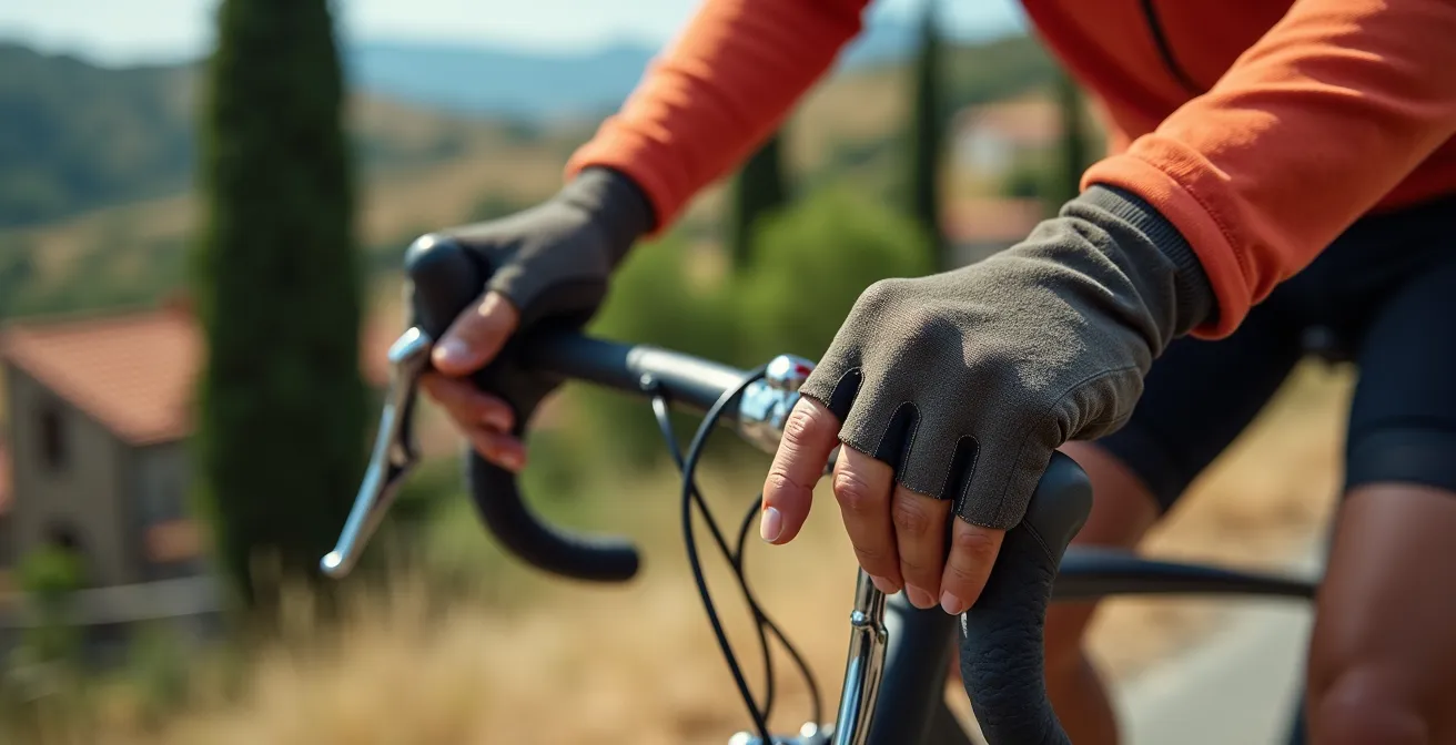 Dettaglio macro di mani sul manubrio con paesaggio collinare sfocato in movimento