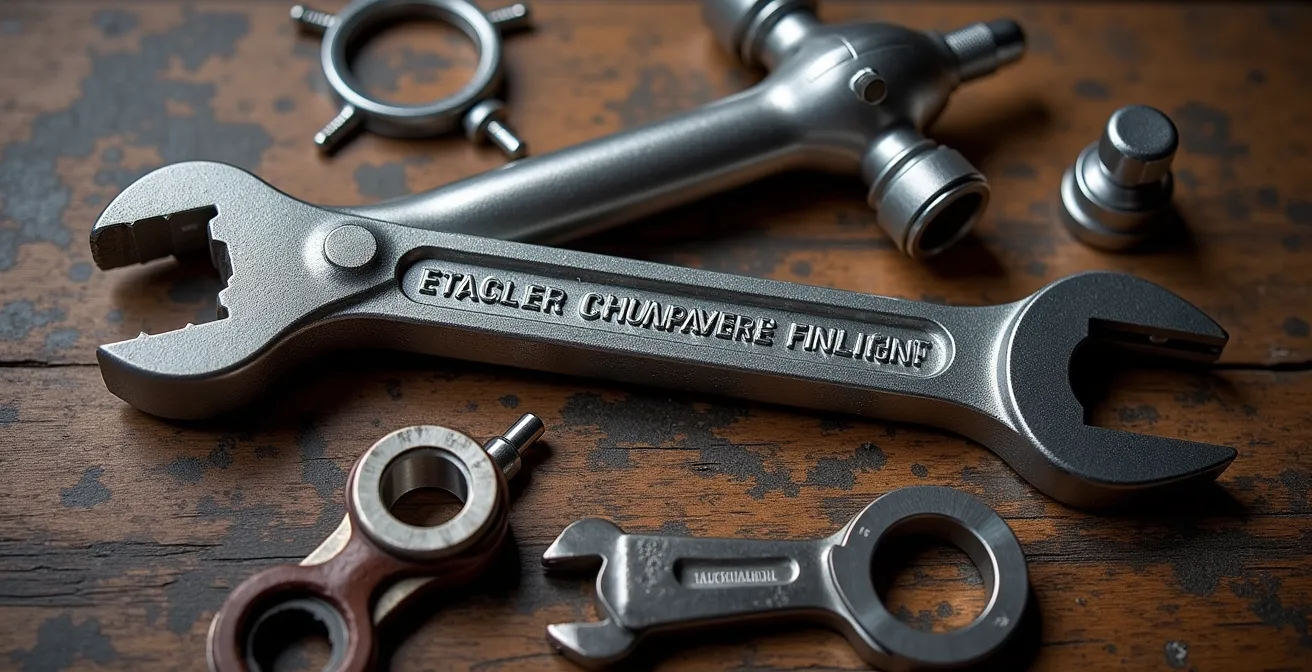 Kit di attrezzi per riparazione catena e raggi disposti su superficie di legno