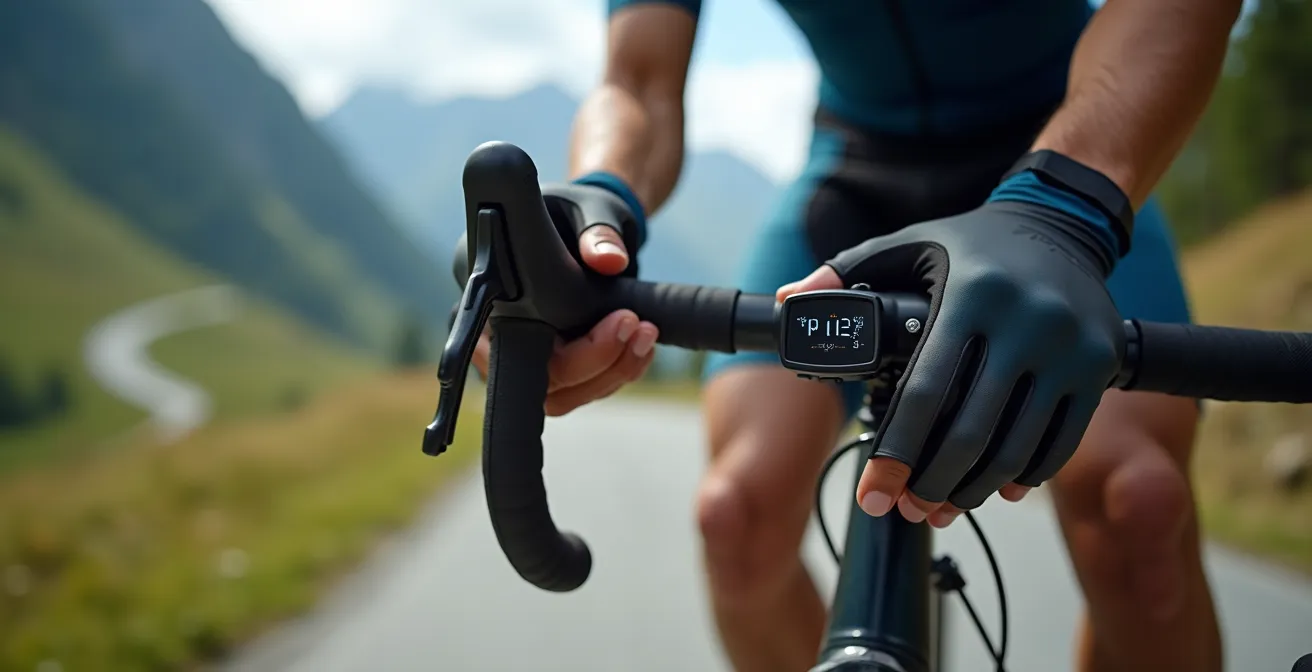 Ciclista che controlla la pressione con manometro digitale portatile prima di una discesa dolomitica