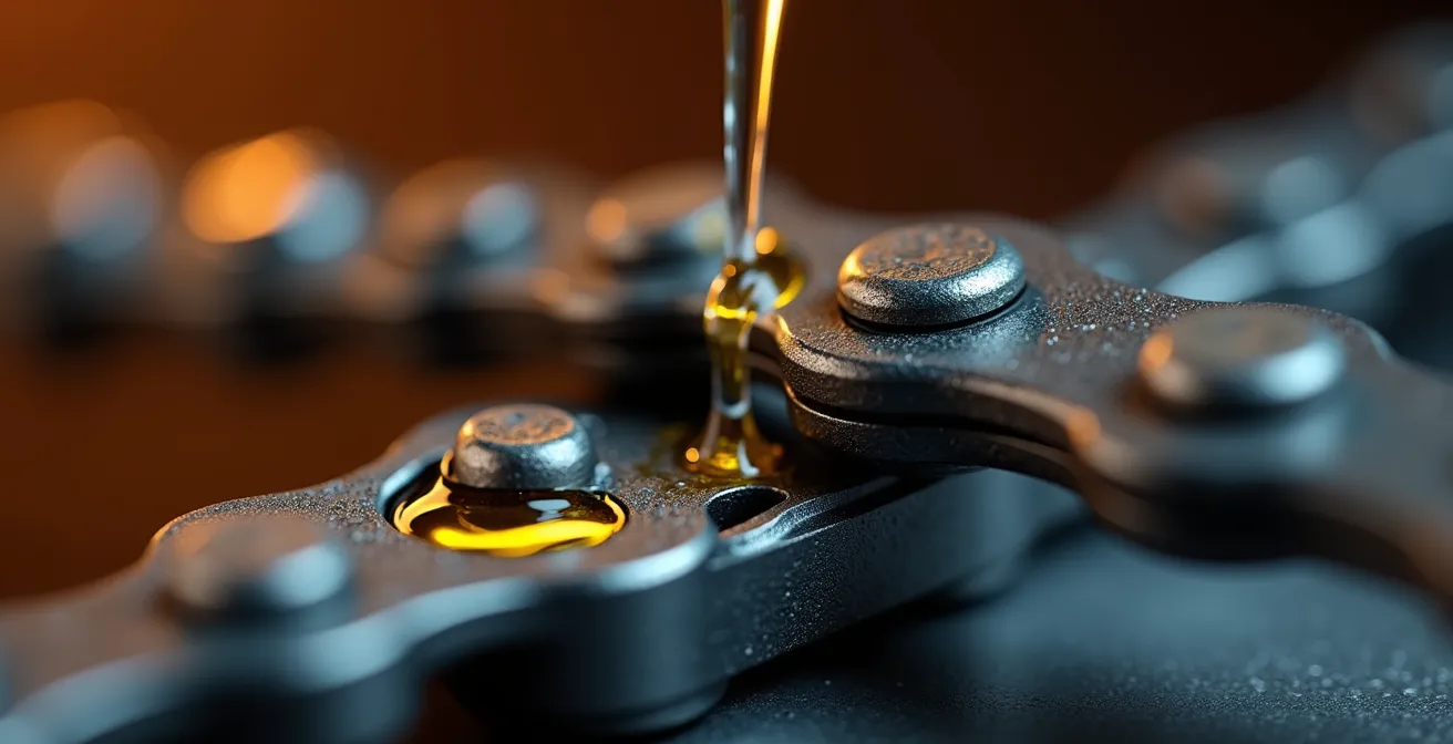 Dettaglio ravvicinato di una catena di bicicletta con gocce di lubrificante che mostrano la texture e i riflessi metallici