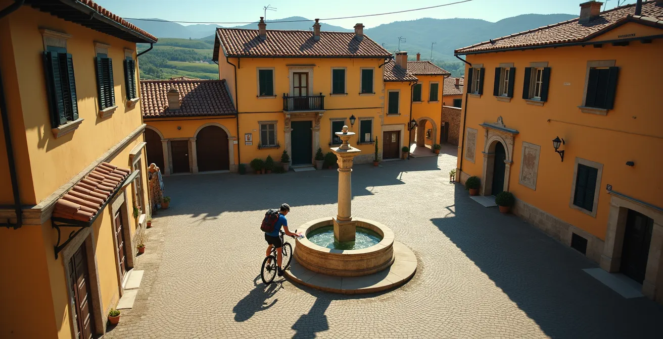 Vista aerea di un borgo italiano con fontanella in piazza e ciclista gravel che si rifornisce