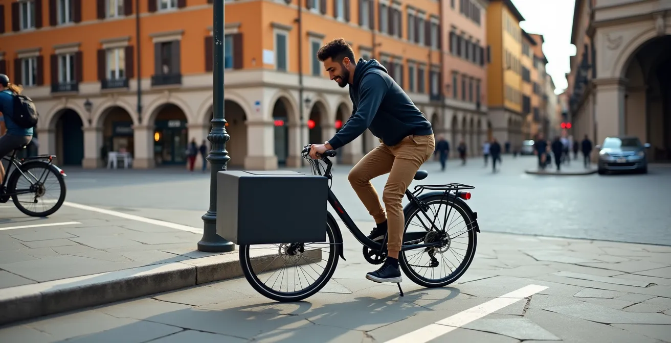 Cargo bike parcheggiata correttamente in uno stallo dedicato nel centro storico
