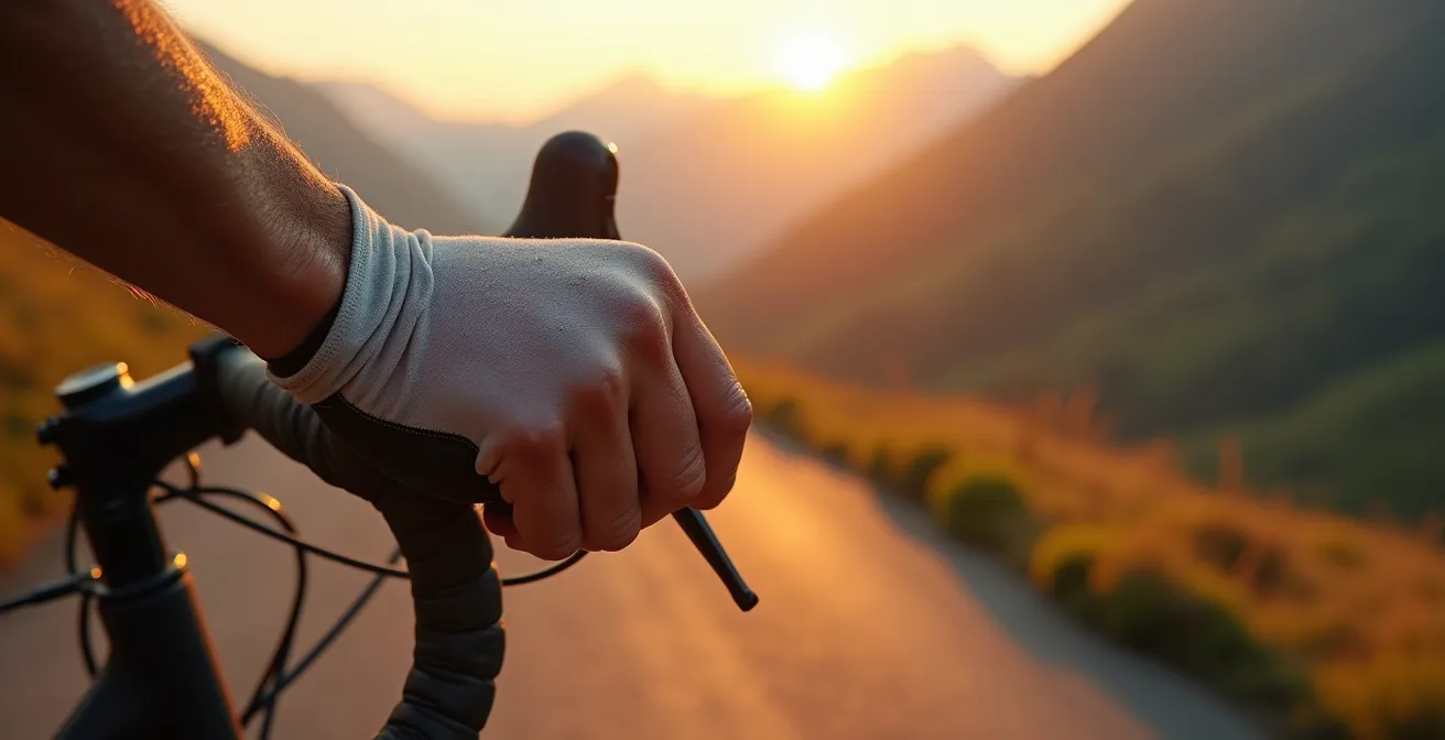 Ciclisti sui tornanti dei passi dolomitici all'alba