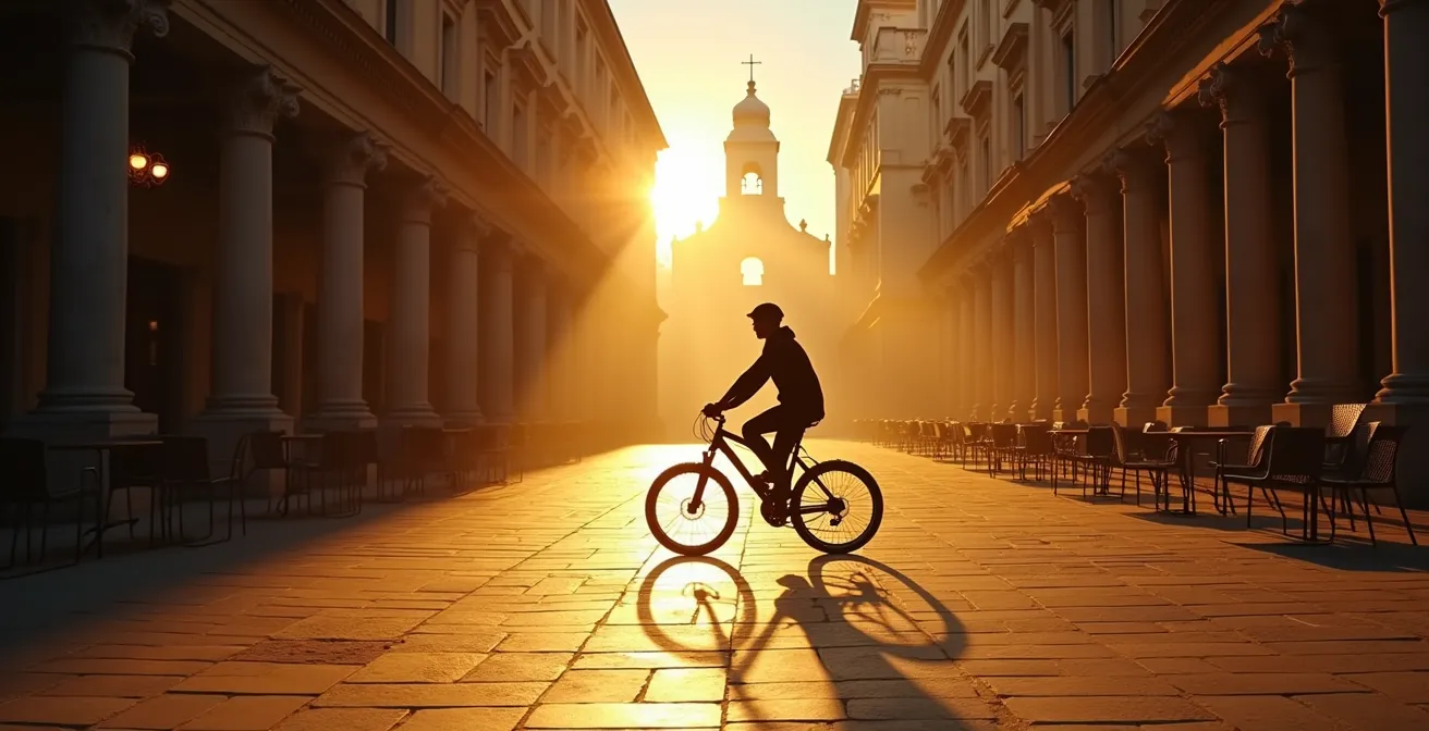 Ciclista solitario attraversa piazza storica italiana all'alba con architettura barocca
