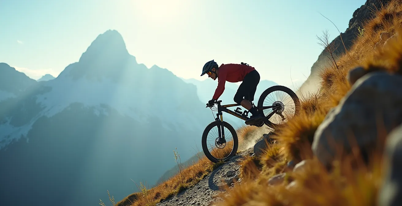 Mountain biker in posizione di massimo arretramento durante frenata su discesa ripida